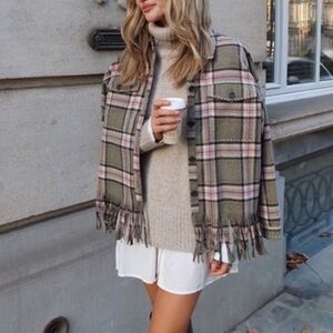 NWT ZARA WOOL GREEN PINK OVERSIZED FRINGE PLAID SHACKET OVER SHIRT JACKET S